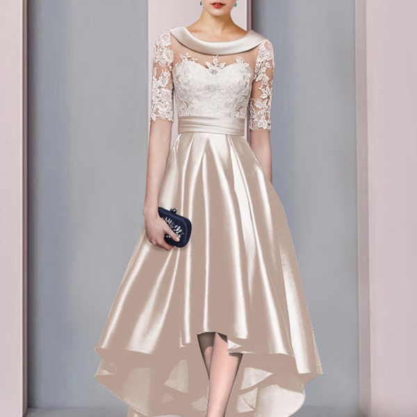 Elegant Mother of The Bride Dress Scoop Short Sleeve Lace Satin High-Low A-Line Gown