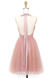 A-Line Tulle Deep V-neck Backless Pleats Homecoming Dress