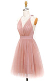 A-Line Tulle Deep V-neck Backless Pleats Homecoming Dress