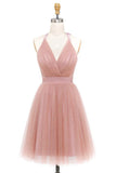 A-Line Tulle Deep V-neck Backless Pleats Homecoming Dress