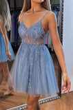 A-line Beading Sequins V Neck Tulle Homecoming Dress