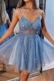 A-line Beading Sequins V Neck Tulle Homecoming Dress