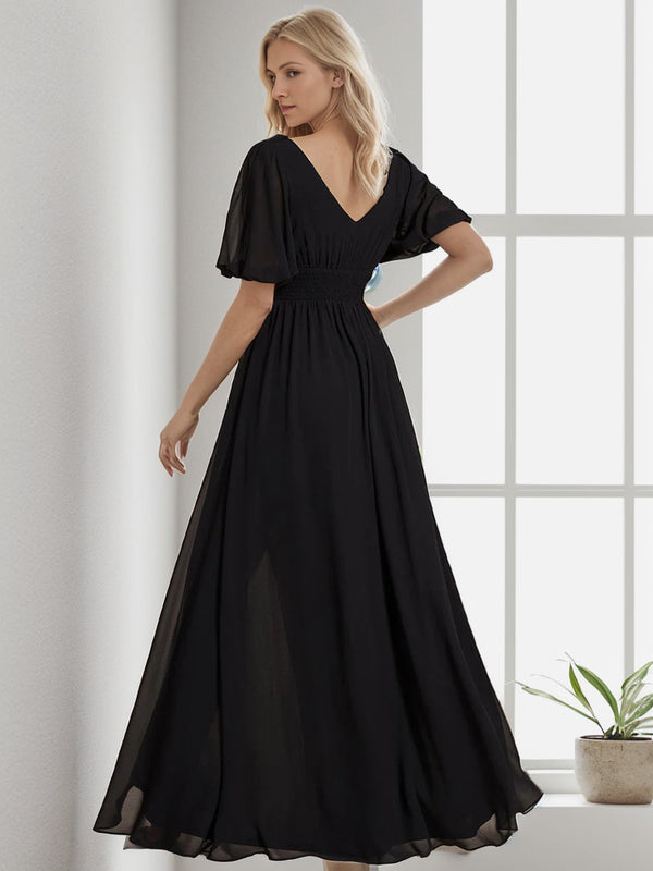 V-neck Flutter Sleeves Long Chiffon Ruched Dresses Sunset main image 1