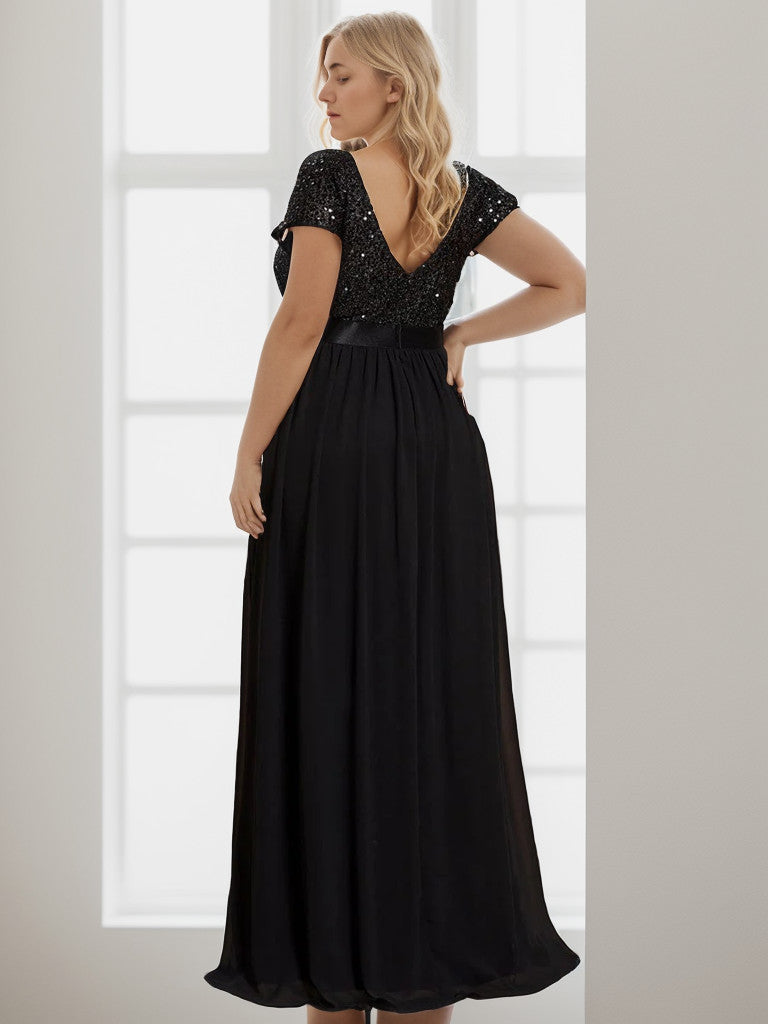 Plus Size Empire Waist V-Neck Cap Sleeve Chiffon Formal Evening Dress