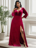 Plus Size Velvet Plunging V-Neck Front Slit 3/4 Sleeve Evening Dress