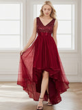 Sleeveless Sequin Ribbon Waist Tulle High Low Evening Dress