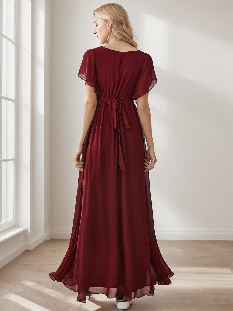 A-Line Pleated Chiffon Tie-Waist Evening Dress