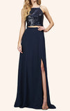 Two Piece Sequin Chiffon Long Bridesmaid Dress Simple Prom Gown