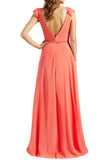 Sleeves V Neck Chiffon Long Bridesmaid Dresses Evening Gown