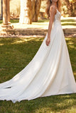 A Line Boho V neck Lace Appliques Wedding Dress with Slit