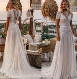 Beach Boho Wedding Dresses A-Line Illusion Neck Short Sleeve Court Train Lace Bridal Gowns With Appliques