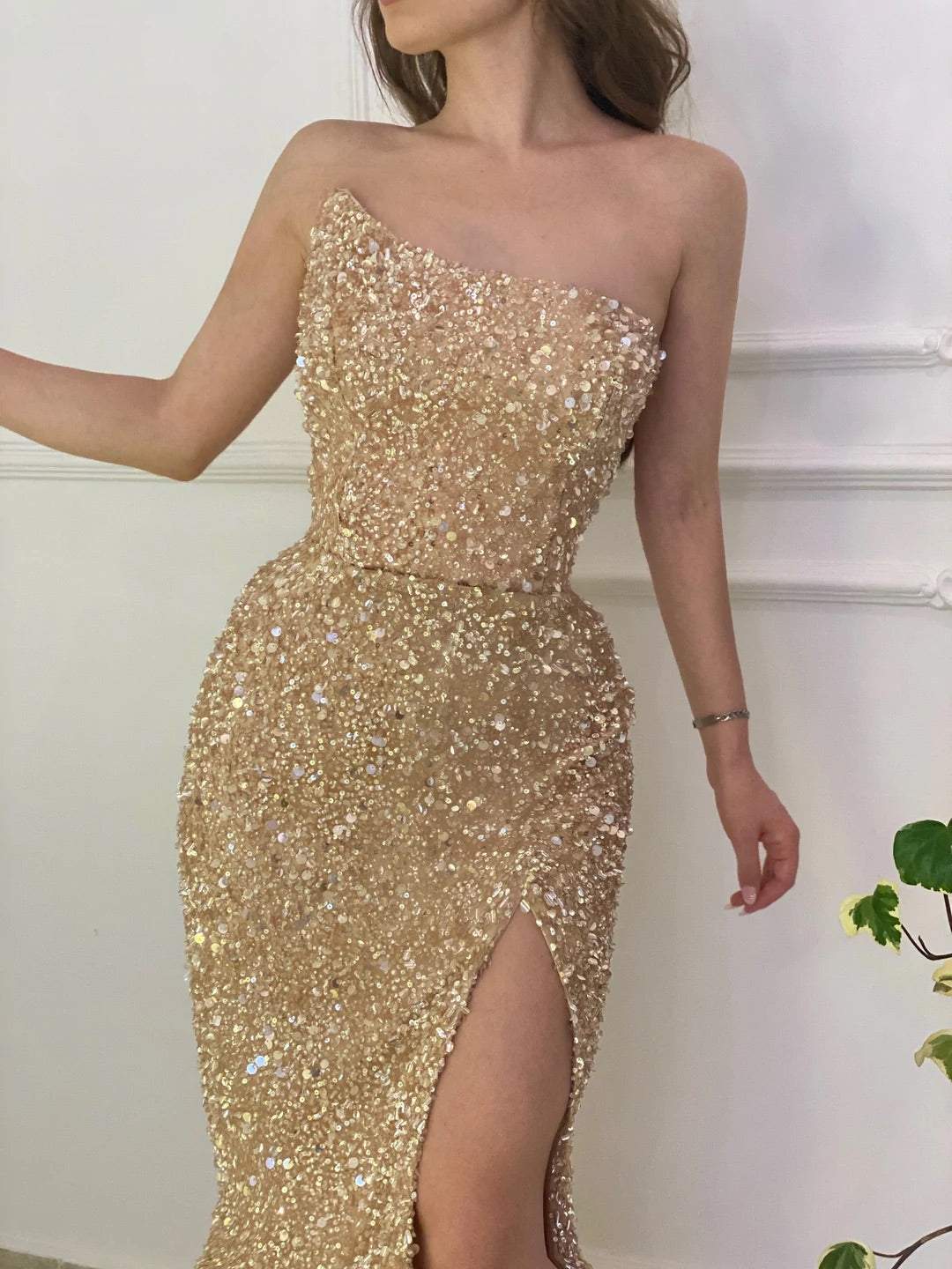 Mermaid Sequin Prom Dresses Strapless Formal Dresses With High Split