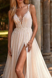 A Line Boho V Neck Appliques Wedding Dress with Slit