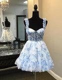 A-Line Floral Prints Ruffled Straps Corset Homecoming Dress