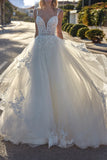 A Line Deep V Neck Lace Appliques Wedding Dress