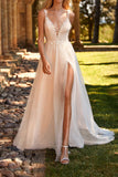 A Line Boho V Neck Appliques Wedding Dress with Slit