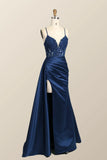 Mermaid Embroidered Bodice Lace Straps Satin Formal Dress With Side Slit