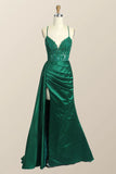 Mermaid Embroidered Bodice Lace Straps Satin Formal Dress With Side Slit