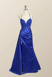 Mermaid Embroidered Bodice Lace Straps Satin Formal Dress With Side Slit