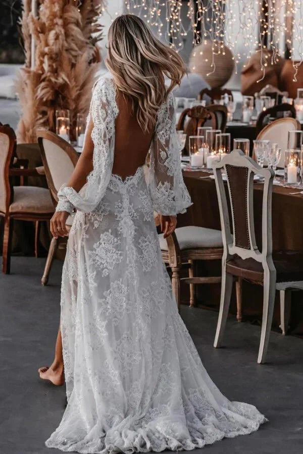 Boho V-neck Lace Appliques Long Sleeve Wedding Dress – BL Dress