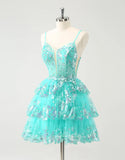 A-Line Glitter Tiered Sequined Spaghetti Straps Homecoming Dress