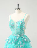 A-Line Glitter Tiered Sequined Spaghetti Straps Homecoming Dress