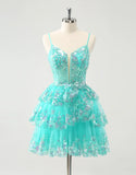 A-Line Glitter Tiered Sequined Spaghetti Straps Homecoming Dress