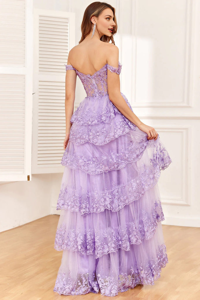 Coral Formal Dress A-Line Off the Shoulder Tiered Lace Formal Dress with Slit