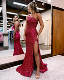 Mermaid Glitter One Shoulder Prom Dress With Split