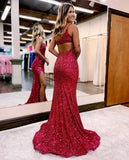 Mermaid Glitter One Shoulder Prom Dress With Split