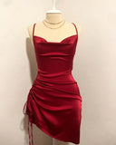 Sheath Ruched Satin Short Drawstring Spaghetti Straps Cowl Neck Backless Prom Dress Homecoming Dress