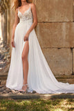 A Line Boho V neck Lace Appliques Wedding Dress with Slit