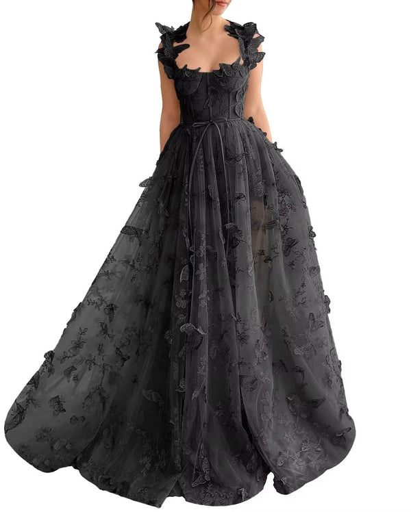 Long Tulle Prom Dress with 3D Butterflies Sexy Slit Ball Gown Evening Dresses Party Wedding Formal