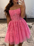 A-line Strapless Lace Short Homecoming Dress Prom Dress