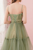 Simple Tulle Round Neck Sage Green Graduation Homecoming Dresses