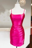 Straps Ruched Bodycon Tight Satin Homecoming Dress