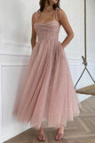 Tulle Straps Tea Length Prom Dresses Homecoming Dresses