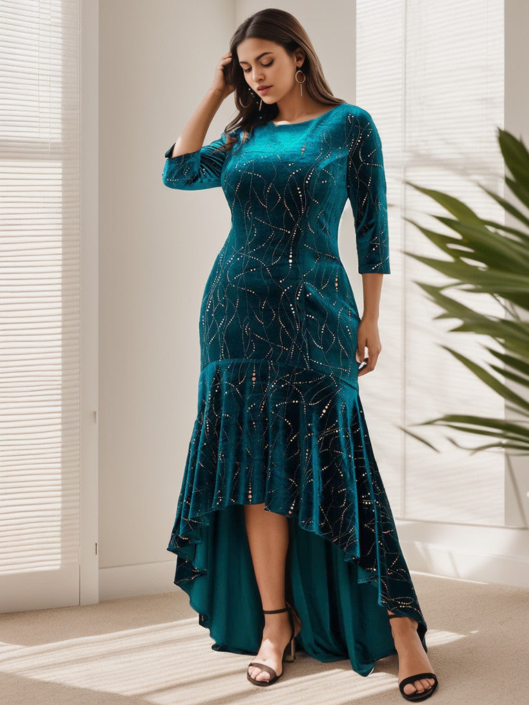 Elegant Plus Size Bodycon High-Low Formal Velvet Party Dress