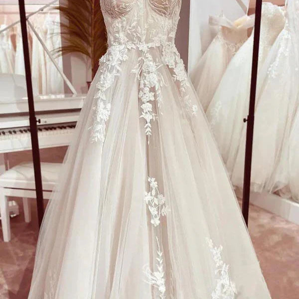 Sexy Spaghetti Straps Glitter Tulle Wedding Dresses A Line Side Split Bridal Gown main image 1