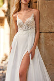 A Line Boho V neck Lace Appliques Wedding Dress with Slit