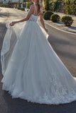 A Line Deep V Neck Lace Appliques Wedding Dress