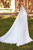 A Line Boho V neck Lace Appliques Wedding Dress with Slit