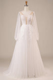 Long Sleeves Open Back Wedding Dress with Appliques