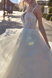 A Line Deep V Neck Lace Appliques Wedding Dress