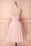 A-Line Tulle Straps Pleats Beading Homecoming Dress