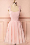 A-Line Tulle Straps Pleats Beading Homecoming Dress