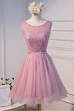 A-line Scoop Neck Short Tulle Beading Homecoming Dress