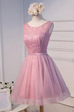 A-line Scoop Neck Short Tulle Beading Homecoming Dress