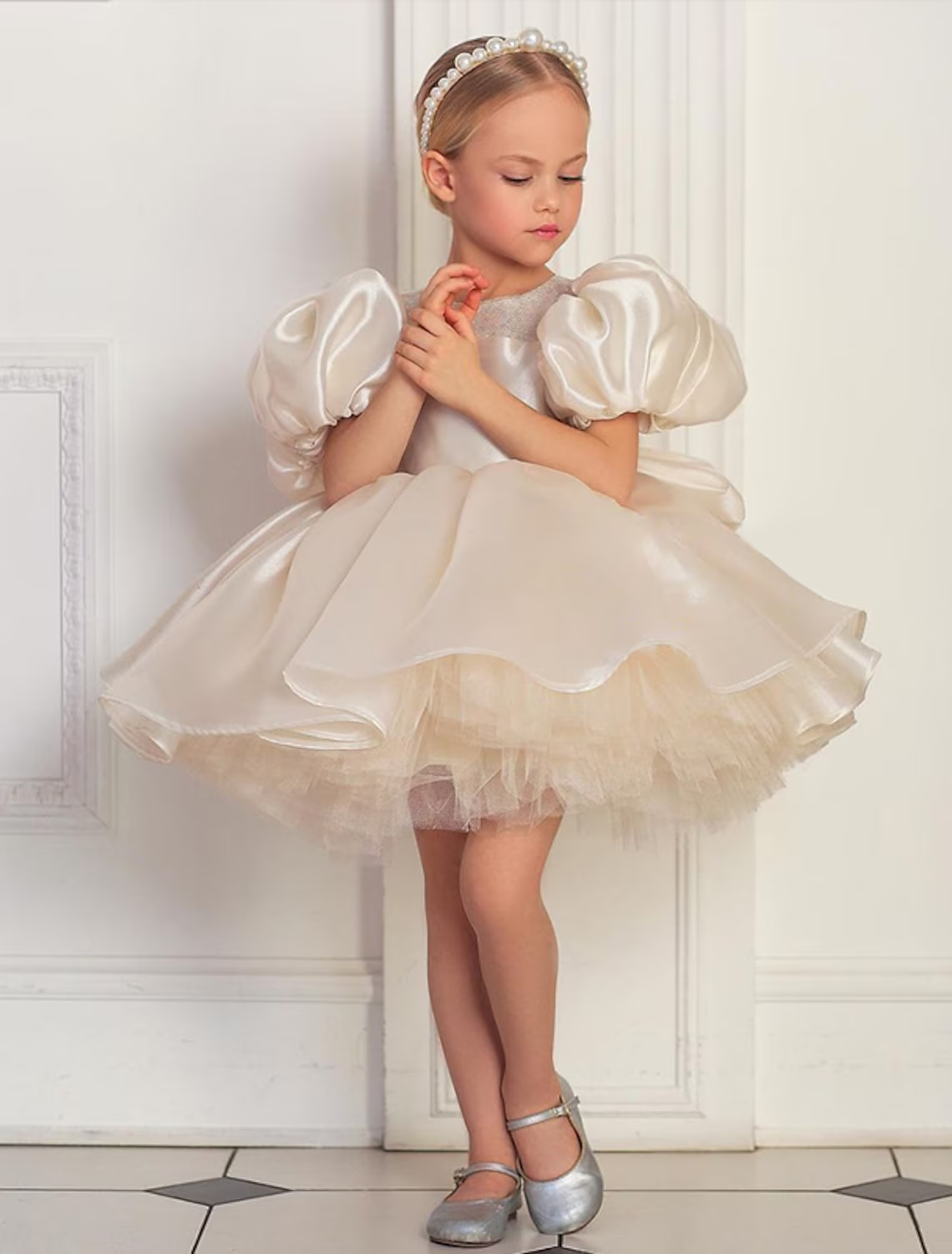 Kids Girls' Puff Sleeve Bow Dress Sequin Solid Colored A Line Dress Sp