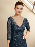 A-Line Mother of the Bride Dress Elegant Sparkle & Shine V Neck Floor Length Chiffon Lace Sequined 3/4 Length Sleeve with Sequin Appliques